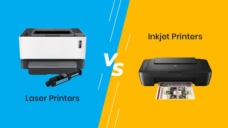 مقایسه پرینتر لیزری سفید رنگ مدل HP LaserJet Tank MFP 2604sdw با پرینتر جوهرافشان مشکی رنگ مدل Canon PIXMA MG2522 با پس‌زمینه آبی و زرد