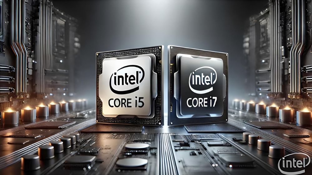 پردازندههای Core i5 و Core i7 اینتل در حالت ایستاده که از بالا نور به آنها تابیده، در فضایی شبیه قطعات کامیپوتری