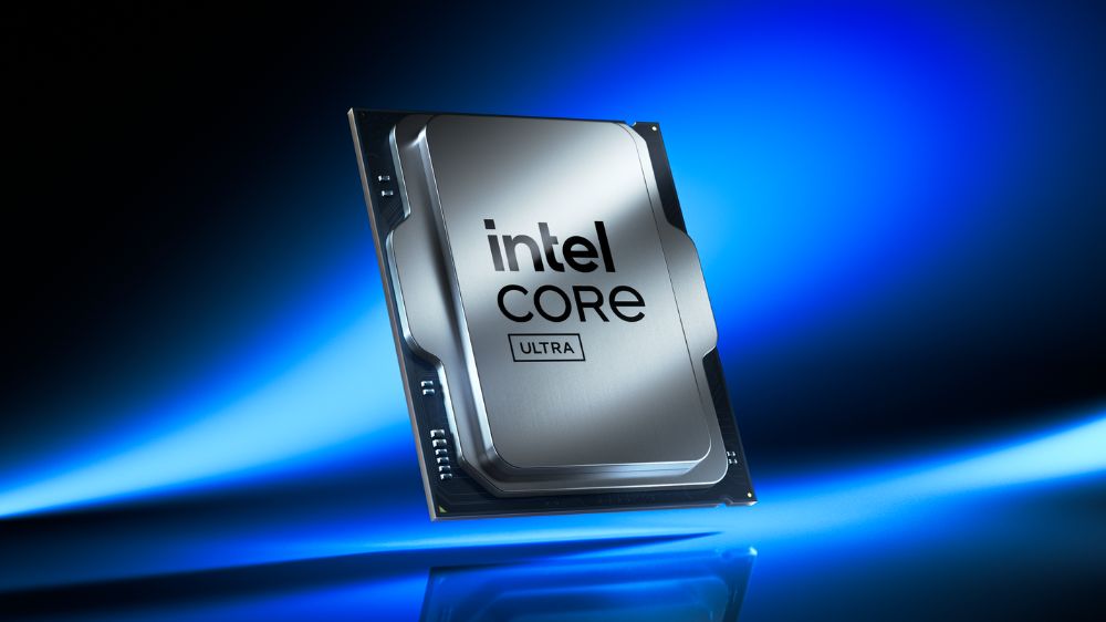 پردازنده Core Ultra 9 285K اینتل معلق در هوا با پس زمینه آبی و مشکی رنگ