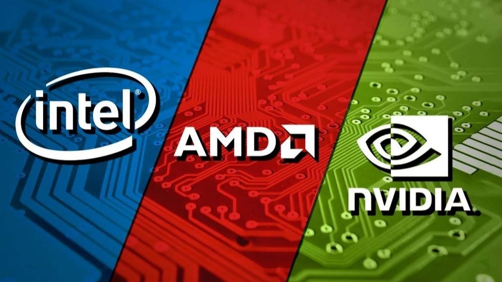 لوگو اینتل با پسزمینه آبی در چپ، لوگو AMD با پسزمینه قرمز در وسط و لوگو انویدیا با پسزمینه سبز در راست