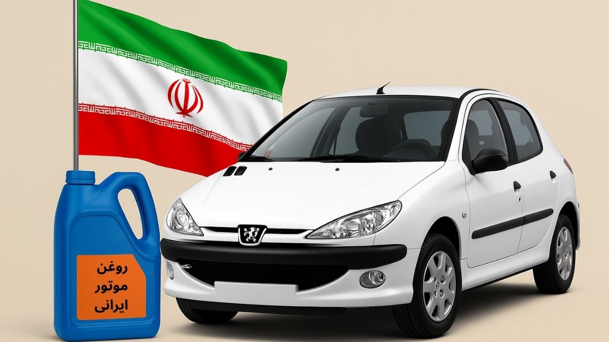 خودروی 206 تیپ دو زیر پرچم ایران و کنار بسته بندی روغن موتور ایرانی