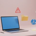 لپ‌تاپ با صفحه آبی احاطه‌شده با آیکون هشدار، پوشه، دیسک و وای‌فای در کنار چراغ مطالعه روی میز در پس‌زمینه صورتی