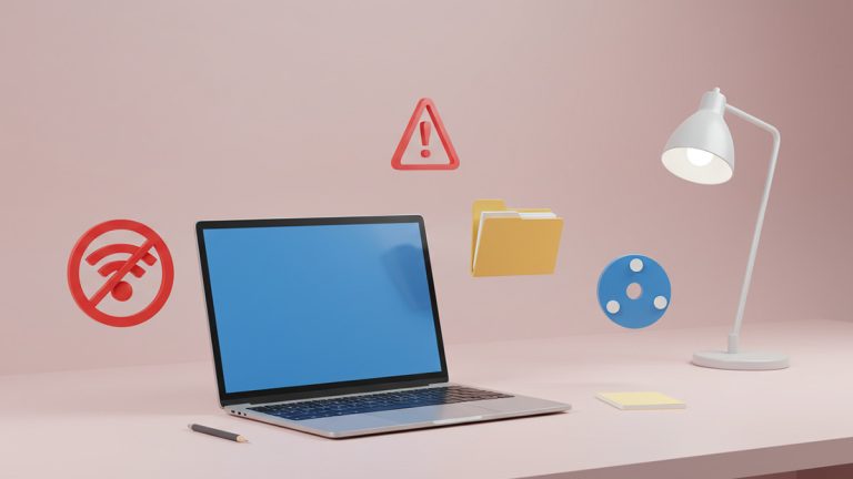 لپ‌تاپ با صفحه آبی احاطه‌شده با آیکون هشدار، پوشه، دیسک و وای‌فای در کنار چراغ مطالعه روی میز در پس‌زمینه صورتی