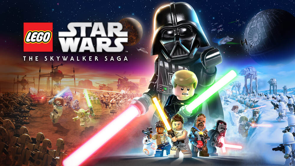 پوستر بازی LEGO Star Wars The Skywalker Saga که ویدر، لوک و دیگر شخصیتها در مرکز توجه قرار دارند.