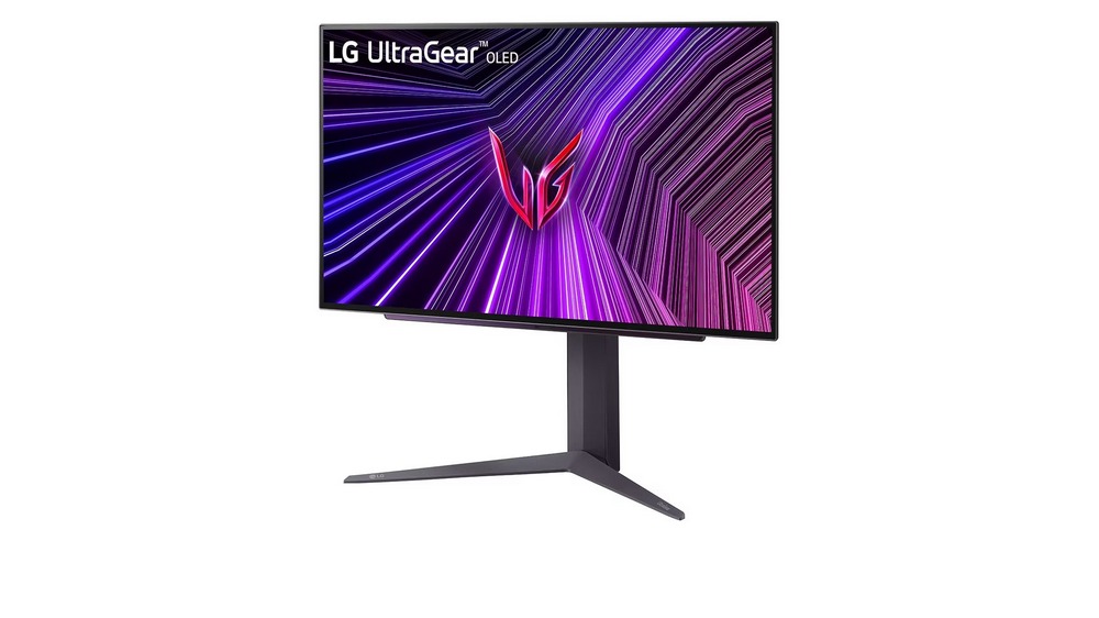 مانیتور LG UltraGear OLED 27GS93QE-B که در پس زمینه سفید رنگ قرار گرفته است