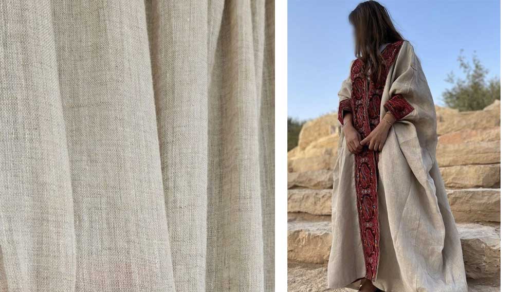 پارچه لینن کرم رنگ از نمای نزدیک و خانمی با مانتو بلند لینن کرم رنگ