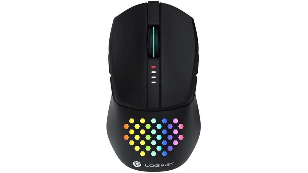 موس لاجیکی m659b که با rgb در پس زمینه سفید رنگ است