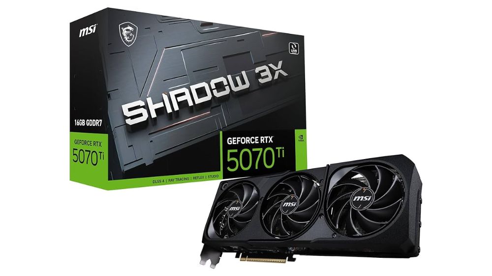 کارت گرافیک MSI Shadow X3 مدل RTX 5070 Ti در سمت راست به همراه جعبه در سمت چپ
