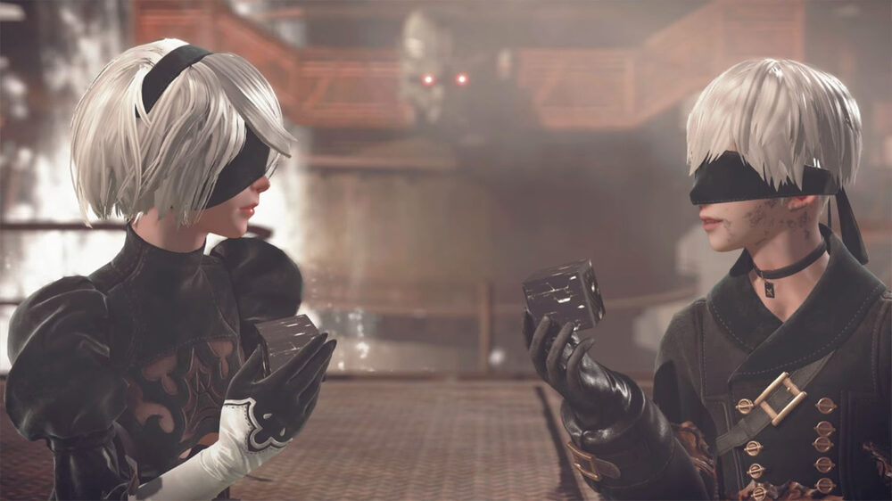 شخصیتهای 2b و 9s از بازی nier automata که در حال نشان دادن جعبههای سیاه خود هستند
