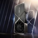 کارت گرافیک انویدیا RTX 3090 Founder's Edition در حالت ایستاده با پس‌زمینه آینه‌ای و لوگو RTX و انویدیا در سمت راست و پایین تصویر