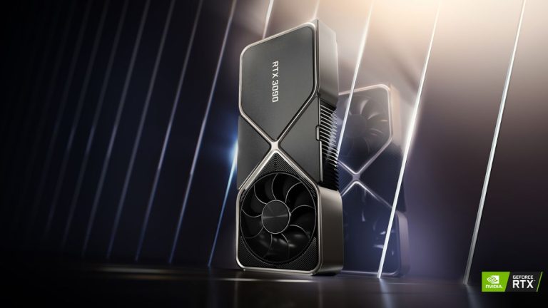 کارت گرافیک انویدیا RTX 3090 Founder's Edition در حالت ایستاده با پس‌زمینه آینه‌ای و لوگو RTX و انویدیا در سمت راست و پایین تصویر