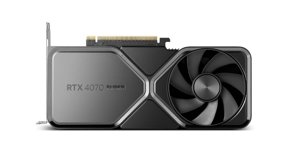 کارت گرافیک RTX 4070 Super نسخه Founder's Edition در حالت افقی با پسزمینه سفید رنگ