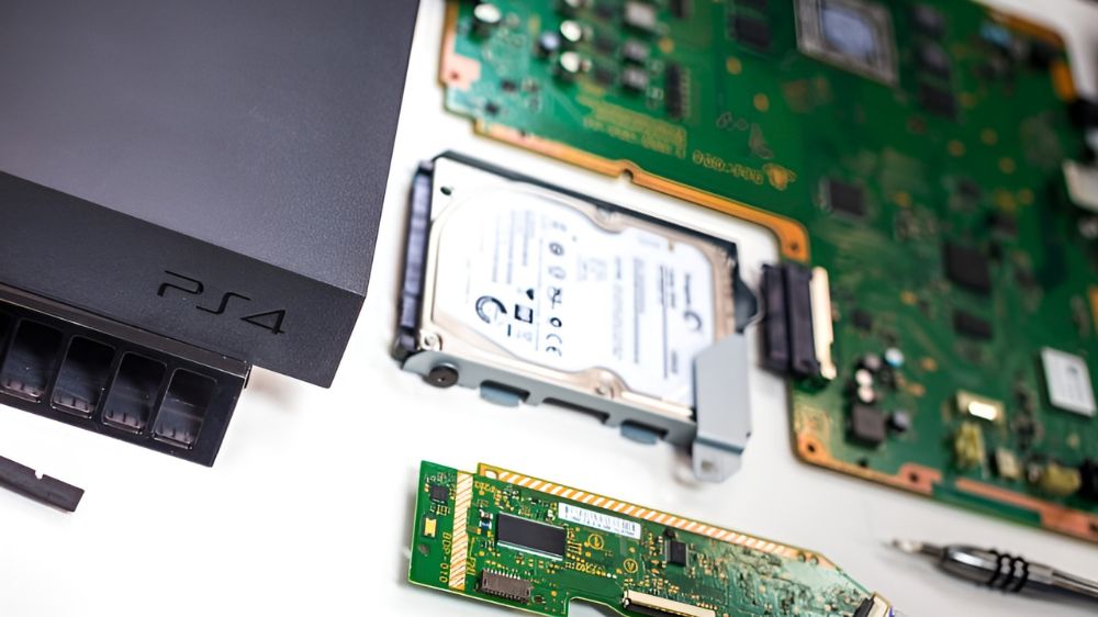 کنسول PS4 در چپ به همراه قطعات سختافزار داخلی آن در سمت راست روی میز سفید رنگ