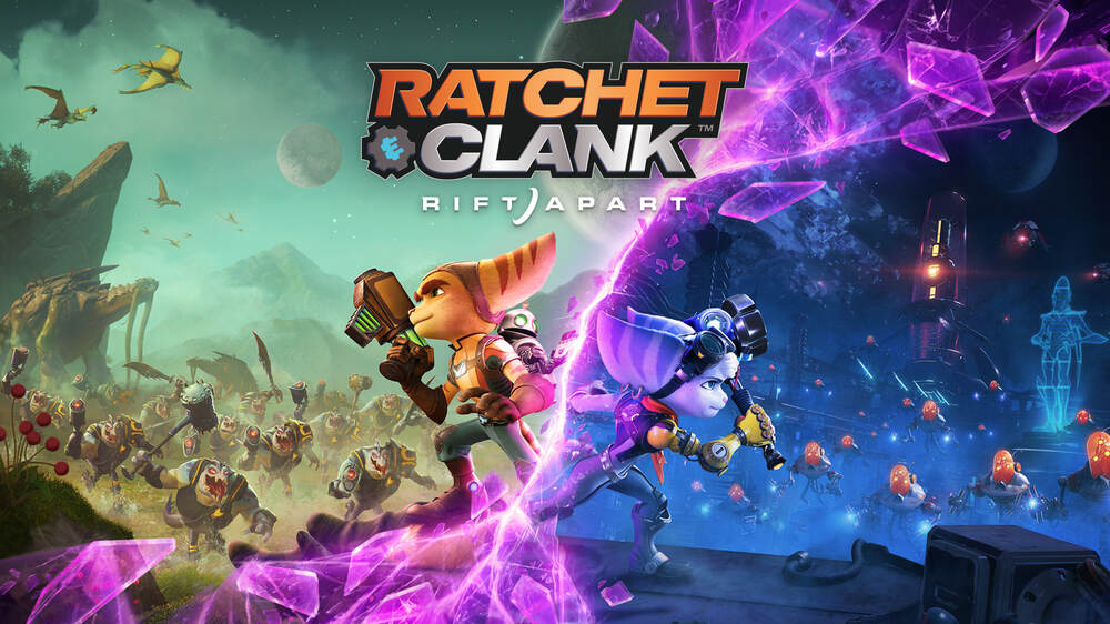 پوستر بازی Ratchet and Clank: Rift Apart که شخصیتهای اصلی بازی را در دو دنیای موازی نشان میدهد که پشت به هم ایستادهاند.