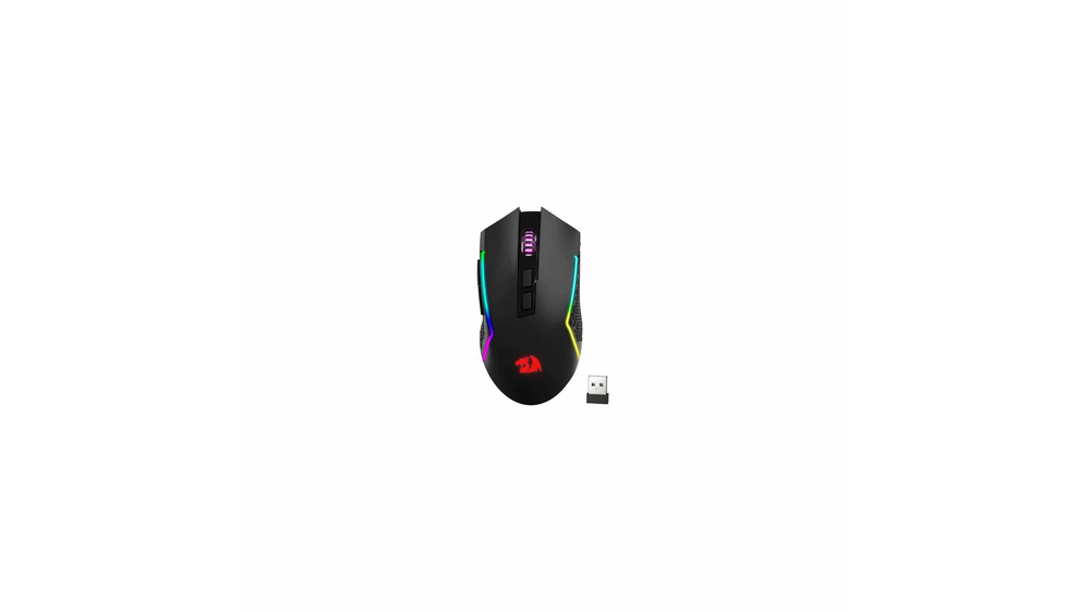 موس ردراگون مدل Trident Pro M693 به رنگ مشکی در کنار دانگل یو اس بی در پسزمنیه سفید