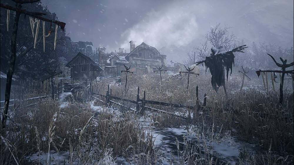 مزرعهای در resident evil village که برفی است و یک مترسک در وسط ایستاده است