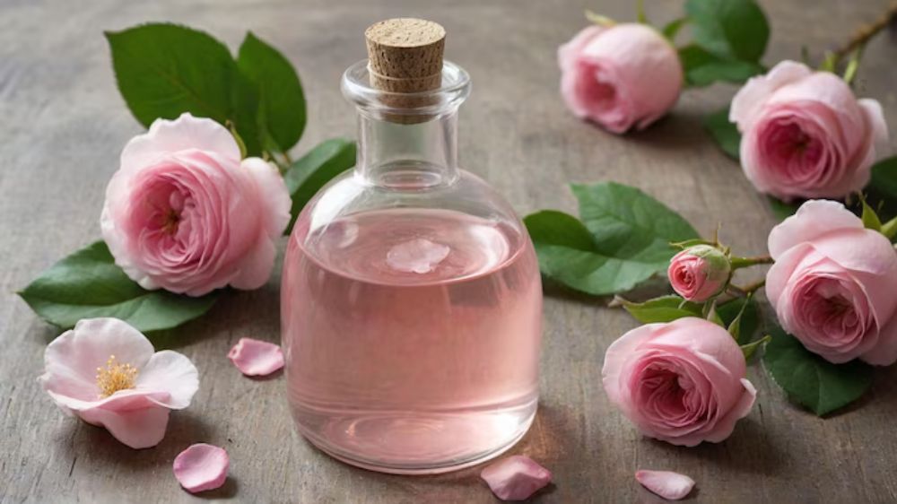 یک شیشه گلاب در کنار گلبرگها و گلهای کامل قرار گرفته است.