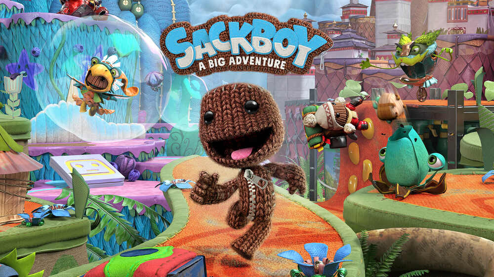 پوستر بازی Sackboy a Big Adventure که سکبوی و دیگر شخصیتها را در حال دویدن به سمت چیزی نشان میدهد