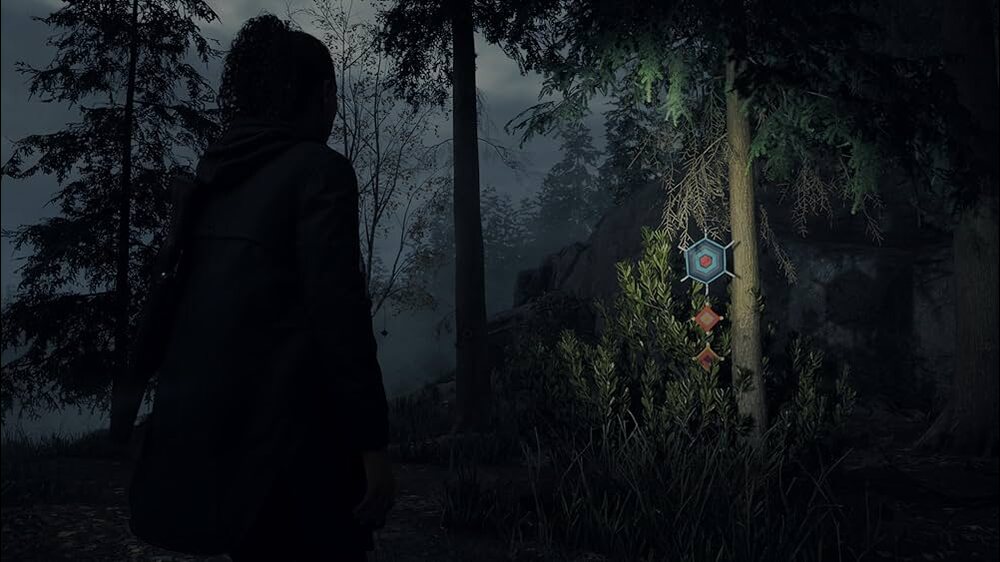 ساگا اندرسون از بازی alan wake 2 که در یک جنگل است و به یک توتم نگاه میکند