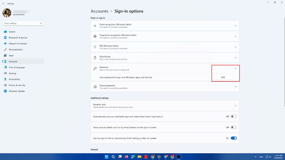 اسکرین کپچر از صفحه تنظیمات ویندوز ۱۱ بخش Accounts، گزینه پسورد و انتخاب دکمه Add