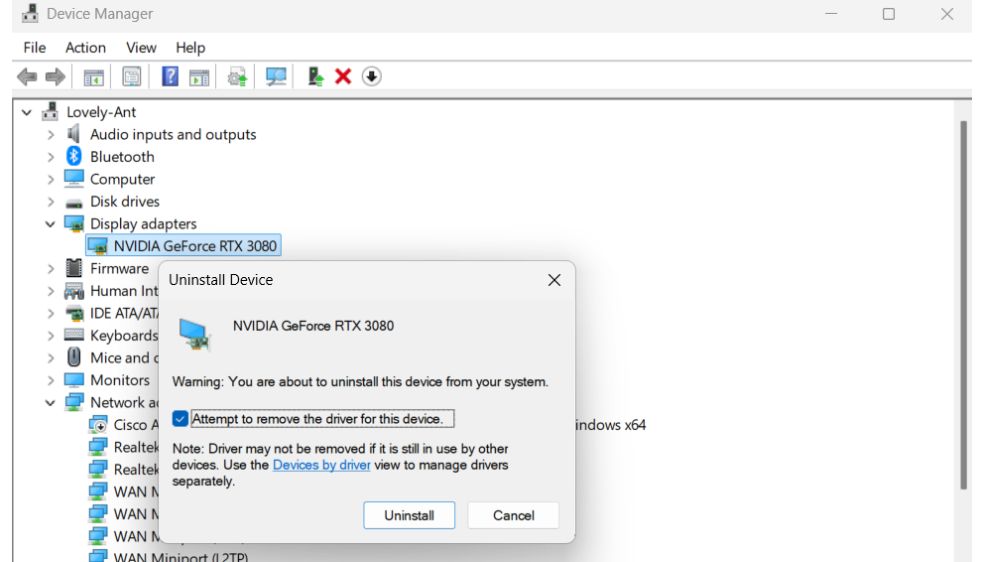 اسکرینشات بخش Device Manager در ویندوز ۱۱ که نحوه حذف دستگاه را نشان میدهد با پسزمینه سفید