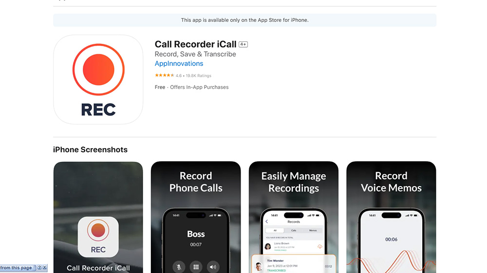اسکرین شات در حال نمایش صفحه اپ استور برنامه Call Recorder iCall