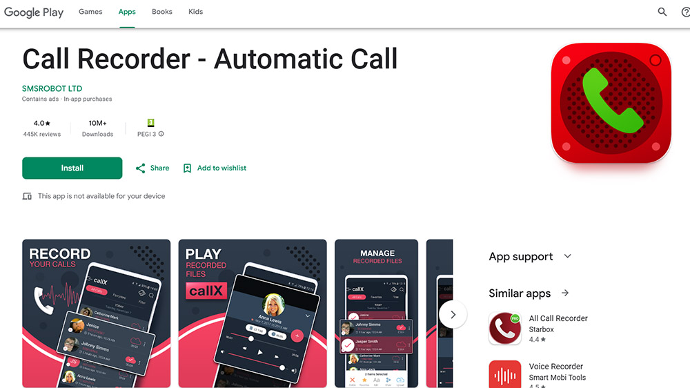 اسکرین شات در حال نمایش صفحه گوگل پلی برنامه CallX