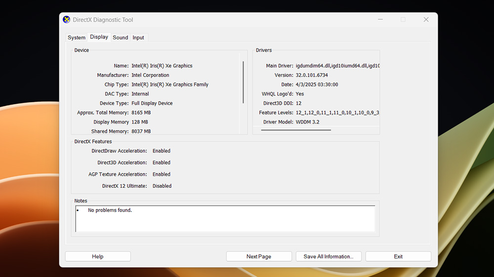 اسکرین شات در حال نمایش ابزار عیب یابی DirectX در ویندوز ۱۱