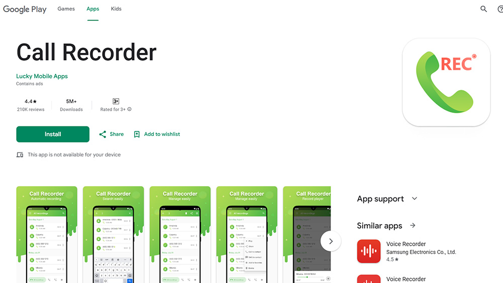 اسکرین شات در حال نمایش صفحه گوگل پلی برنامه Lucky Mobile Call Recorder