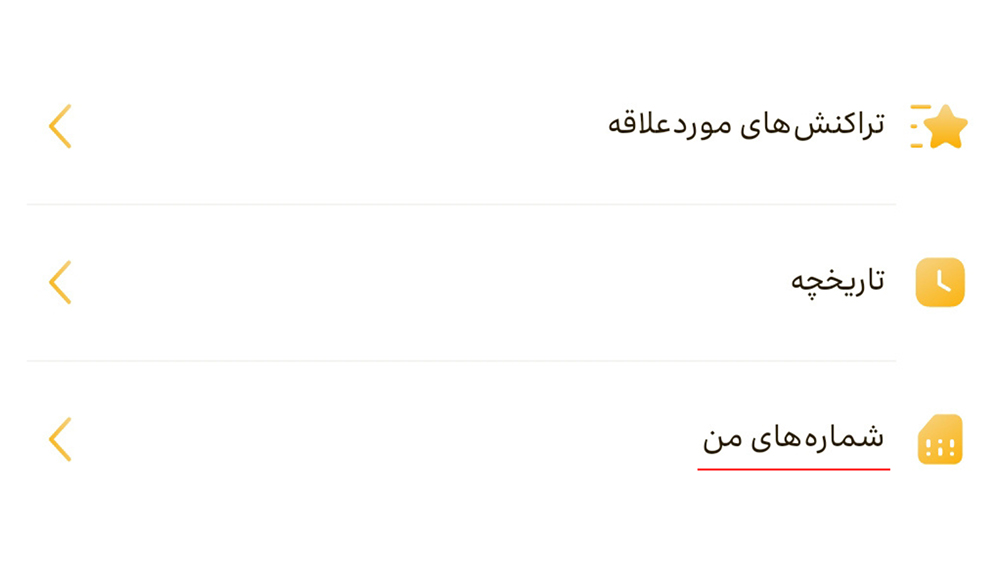 اسکرین شات در حال نمایش گزینه شماره های من در بخش پروفایل برنامه ایرانسل من