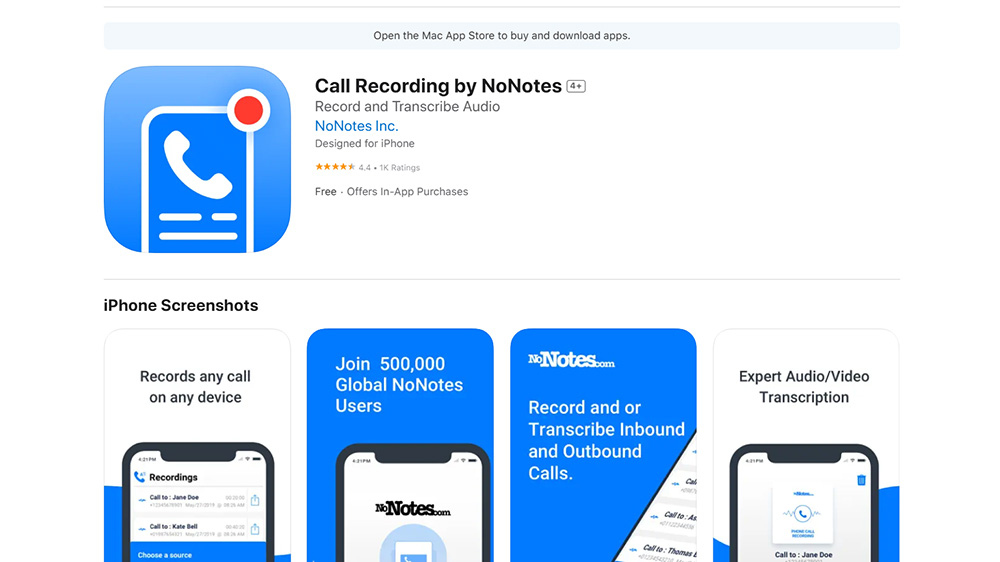 اسکرین شات در حال نمایش صفحه اپ استور برنامه NoNotes Recorder