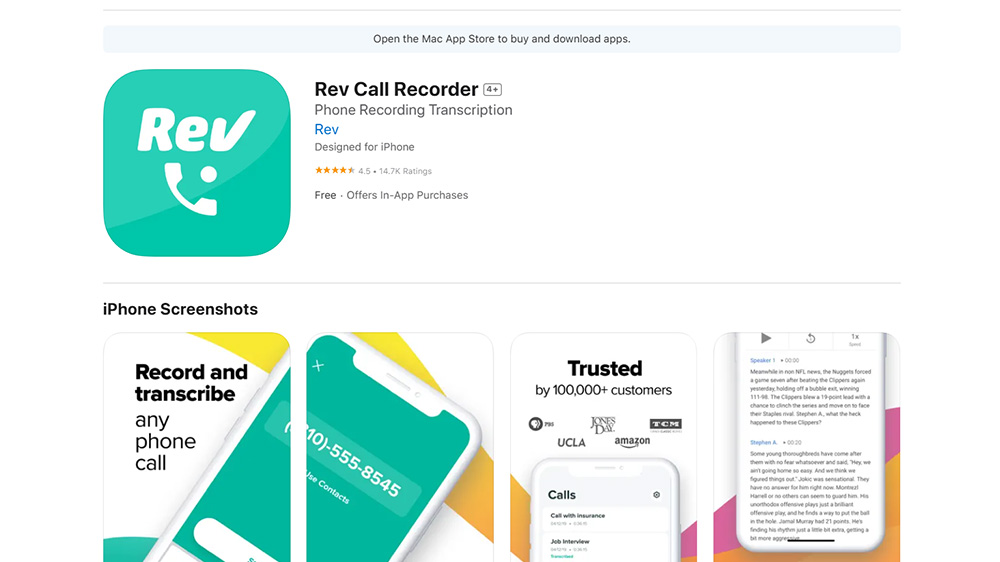 اسکرین شات در حال نمایش صفحه اپ استور برنامه Rev Call Recorder