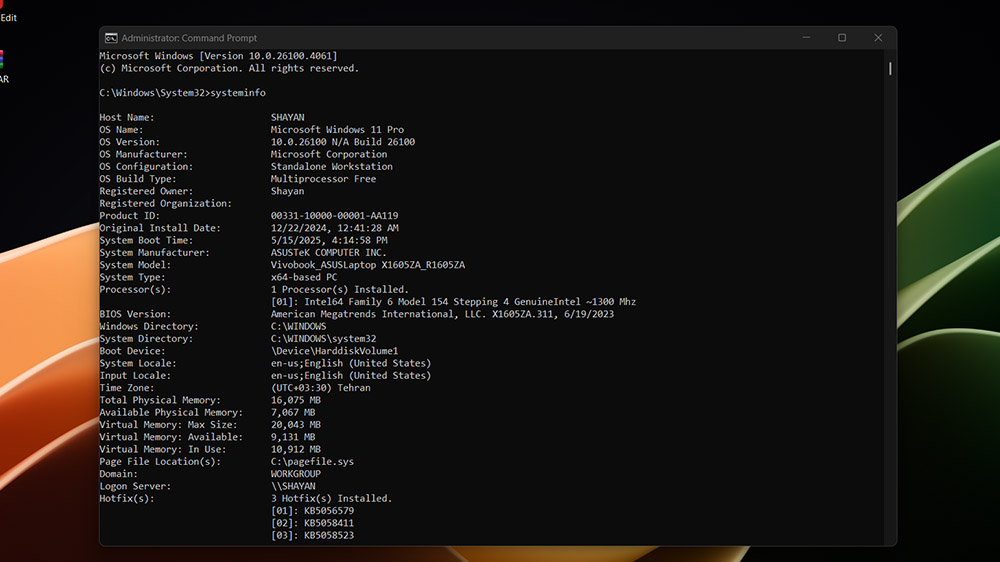 اسکرین شات در حال نمایش دستور مشخصات سیستم در ابزار Command Prompt ویندوز ۱۱