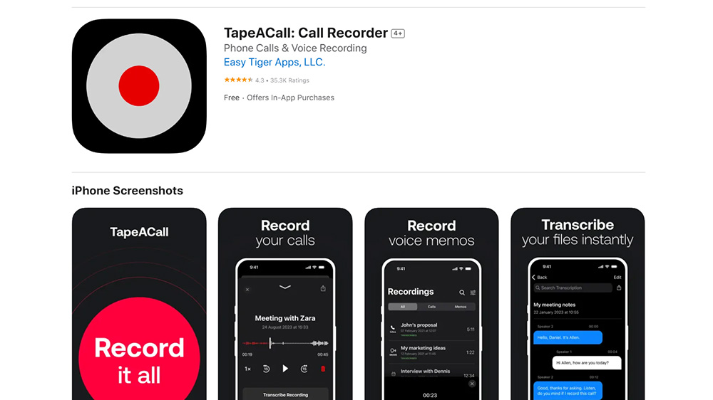اسکرین شات در حال نمایش صفحه اپ استور برنامه TapeACall