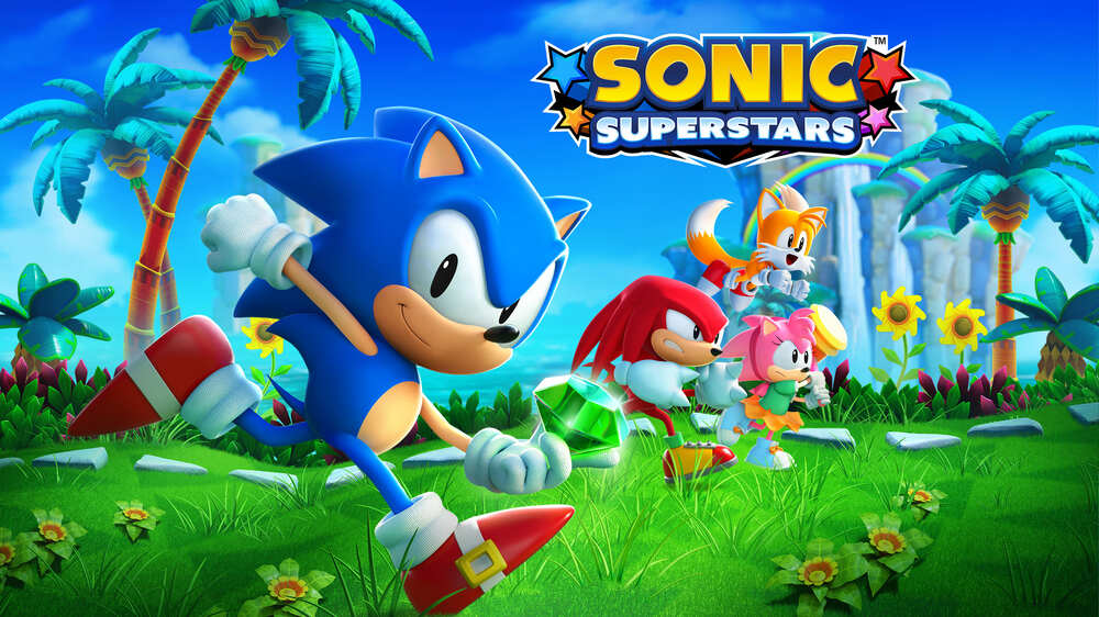 پوستر بازی Sonic Superstars که سونیک و دوستانش را نشان میدهد که در حال مسابقه دادن هستند.