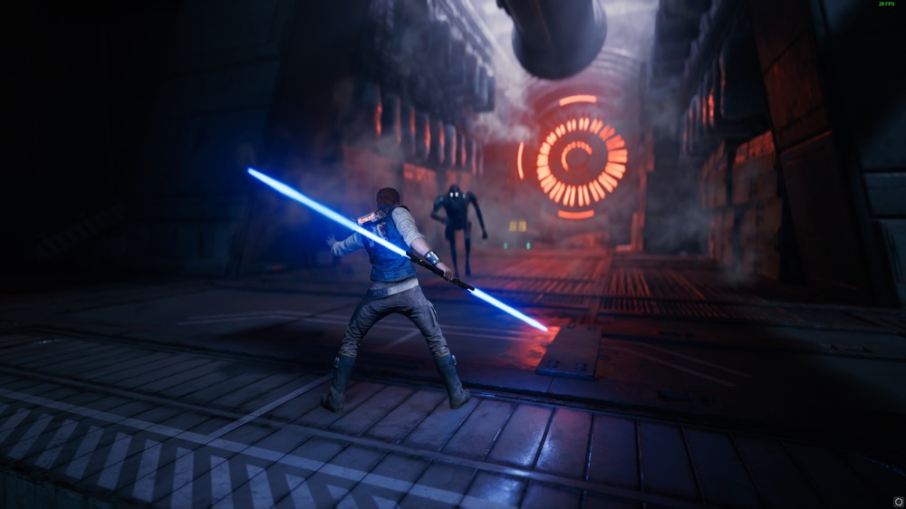 شخصیت کل کستیس از بازی star wars jedi survivor که در حال مبارزه با یک دروید است.