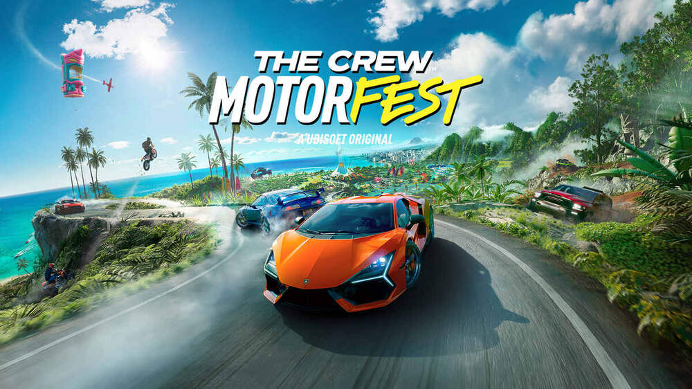 بازی The Crew Motorfest که چند ماشین و موتورسیکلت را در حال مسابقه نشان میدهد که گویا سرعت بالا دارند
