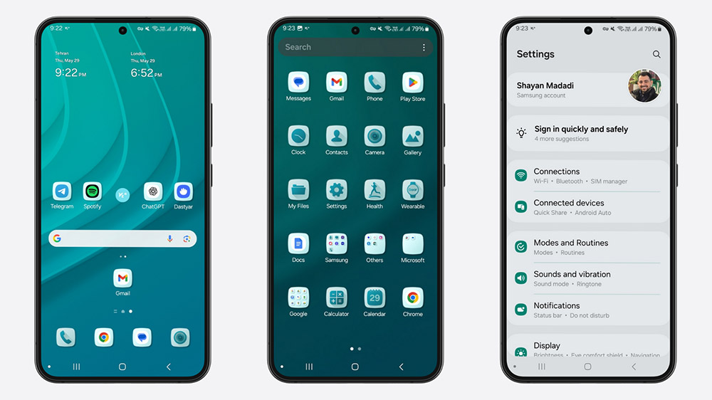 سه گوشی سامسونگ در حال نمایش تم Teal