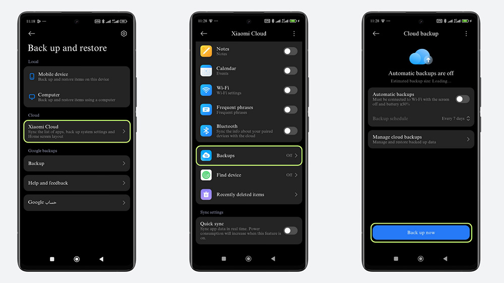 سه گوشی شیائومی در حال نمایش روش گرفتن بکاپ از داده روی Xiaomi Cloud