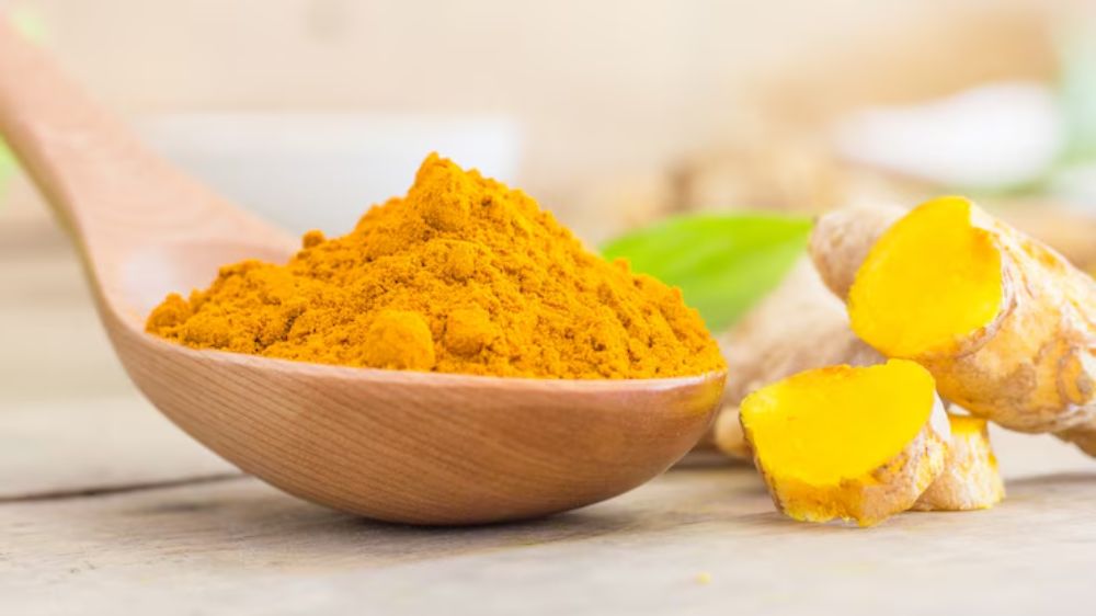 یک قاشق زردچوبه پودر شده در کنار گیاه زردچوبه قرار دارد.