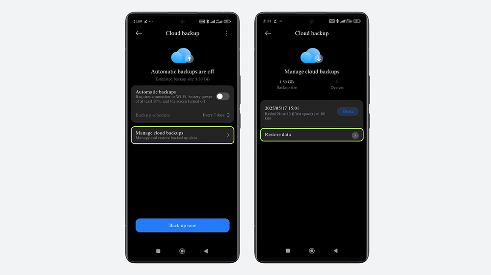 دو گوشی شیائومی در حال نمایش روش بازیابی اطلاعات بکاپ گرفته شده روی Xiaomi Cloud