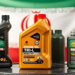 بطری‌های مختلف روغن موتور با پس زمینه پرچم ایران