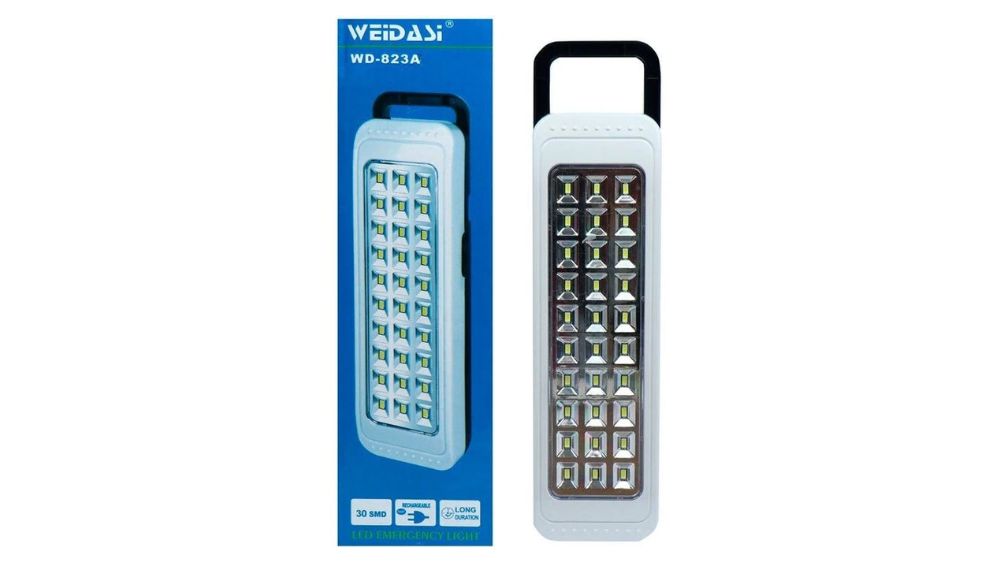 چراغ اضطراری شارژی مدل wd-823a رنگ سفید از برند ویداسی کنار جعبه آبی رنگ آن