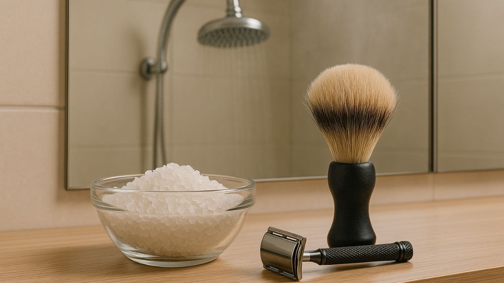 یک کاسه نمک بدن در کنار تیغ اصلاح و برس اصلاح و حوله روی میز کنار آینه ای که دوش حمام در آن پیداست