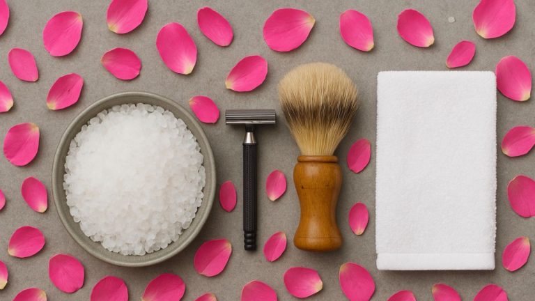 کاسه‌ای نمک بدن و تیغ اصلاح و برس اصلاح و حوله روی سطح که گلبرگ نیز اطراف آن پراکنده‌اند