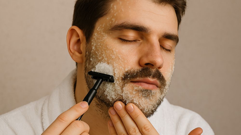 مردی که روی صورتش نمک بدن است و صورت خود را با تیغ شیو میکند