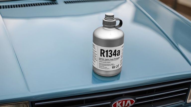 بطری فلزی گاز کولر r134a روی کاپوت یک پراید آبی