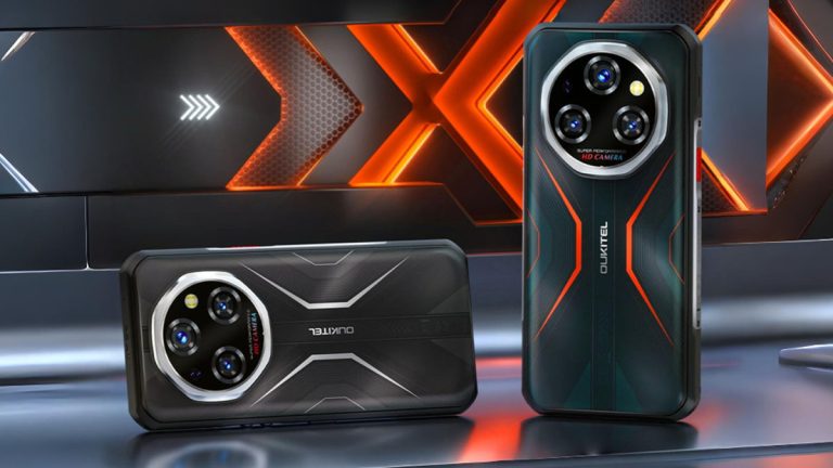 گوشی Oukitel WP55 Pro مشکی و سبز در پس‌زمینه آینده‌گرایانه