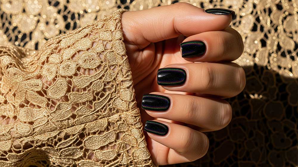 ژلیش ناخنهای دست با لاک هولوگرامی مشکی