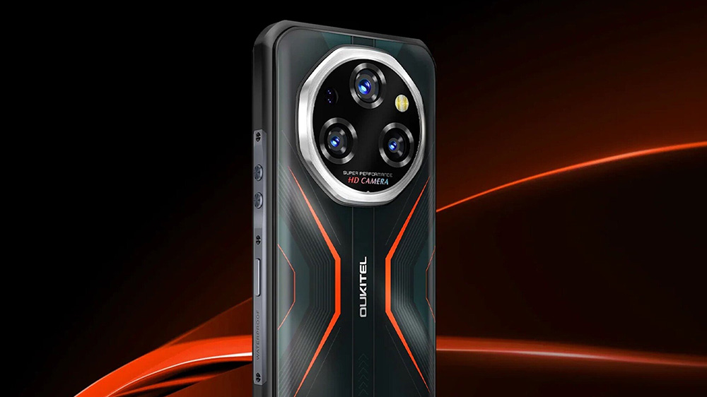 پنل پشتی گوشی Oukitel WP55 Pro سبز در پسزمینه آیندهگرایانه قرمز تیره